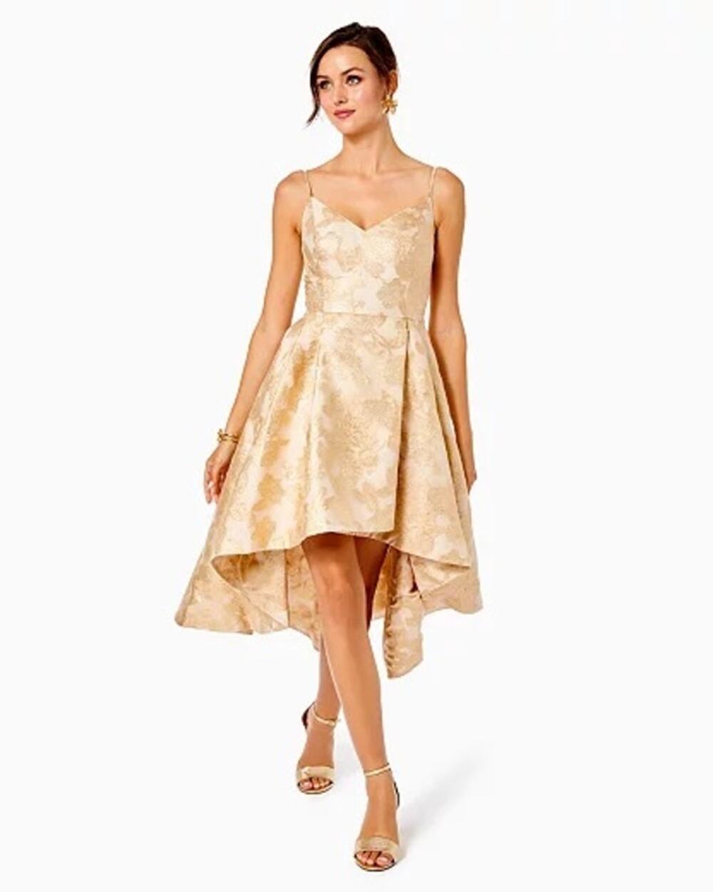 Lilly Pulitzer Alisalynn Floral Dress In Gold Organza Brocade sz 2